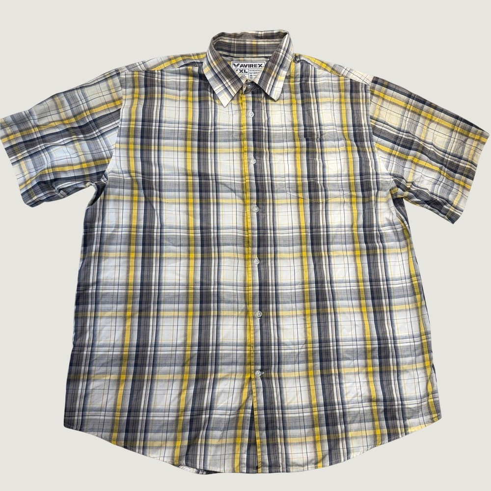 Avirex Button Down Mens XXL Yellow Grey Plaid Short Sleeve Cotton VTG Y2K Shirt